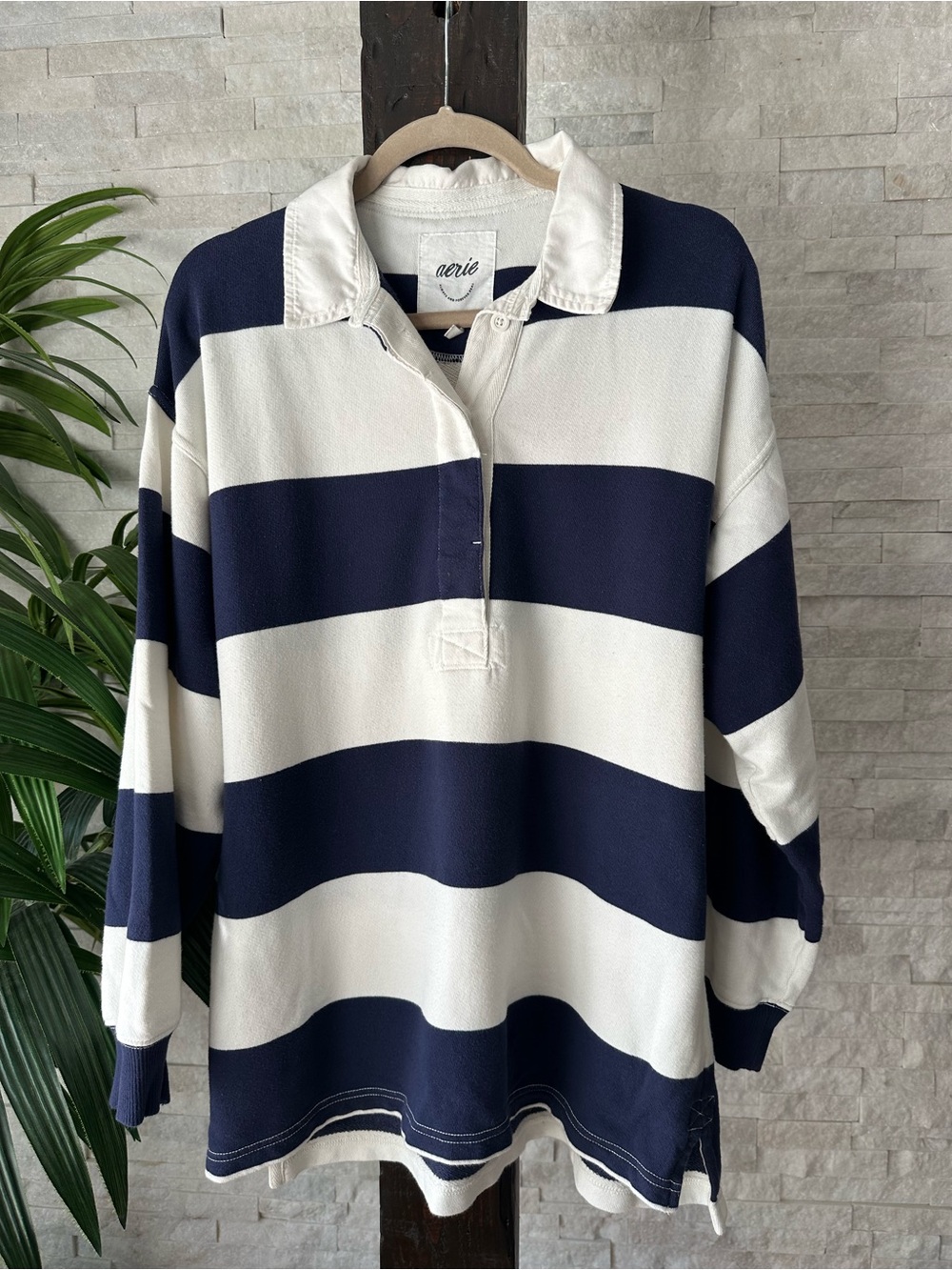 Aerie Navy and White Wide Rugby Stripe Long Sleeve Oversized Polo Size Small